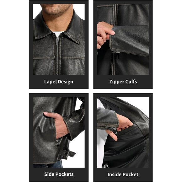 Men Black Faux Leather Biker Jacket Lightweight Vintage Bomber Zip Up Coat - Picture 5 of 7